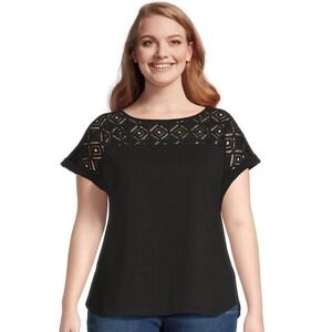 Terra & Sky Crochet Tee T-Shirt Plus Size 3X Black Short‎ Sleeve